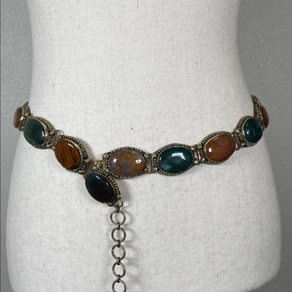Vintage Accessories - Antique Southwestern Navajo Victorian Specimen Agate Chunky Metal Chain Belt
